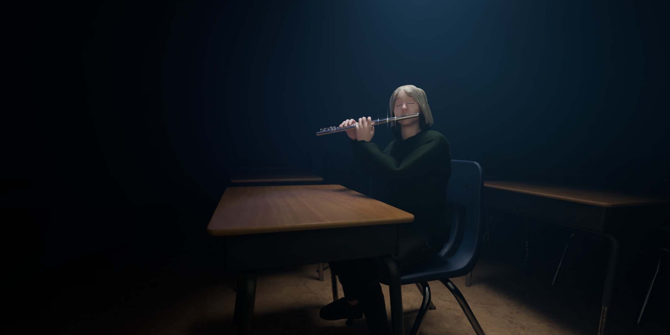 Cinematic classroom scene with flute