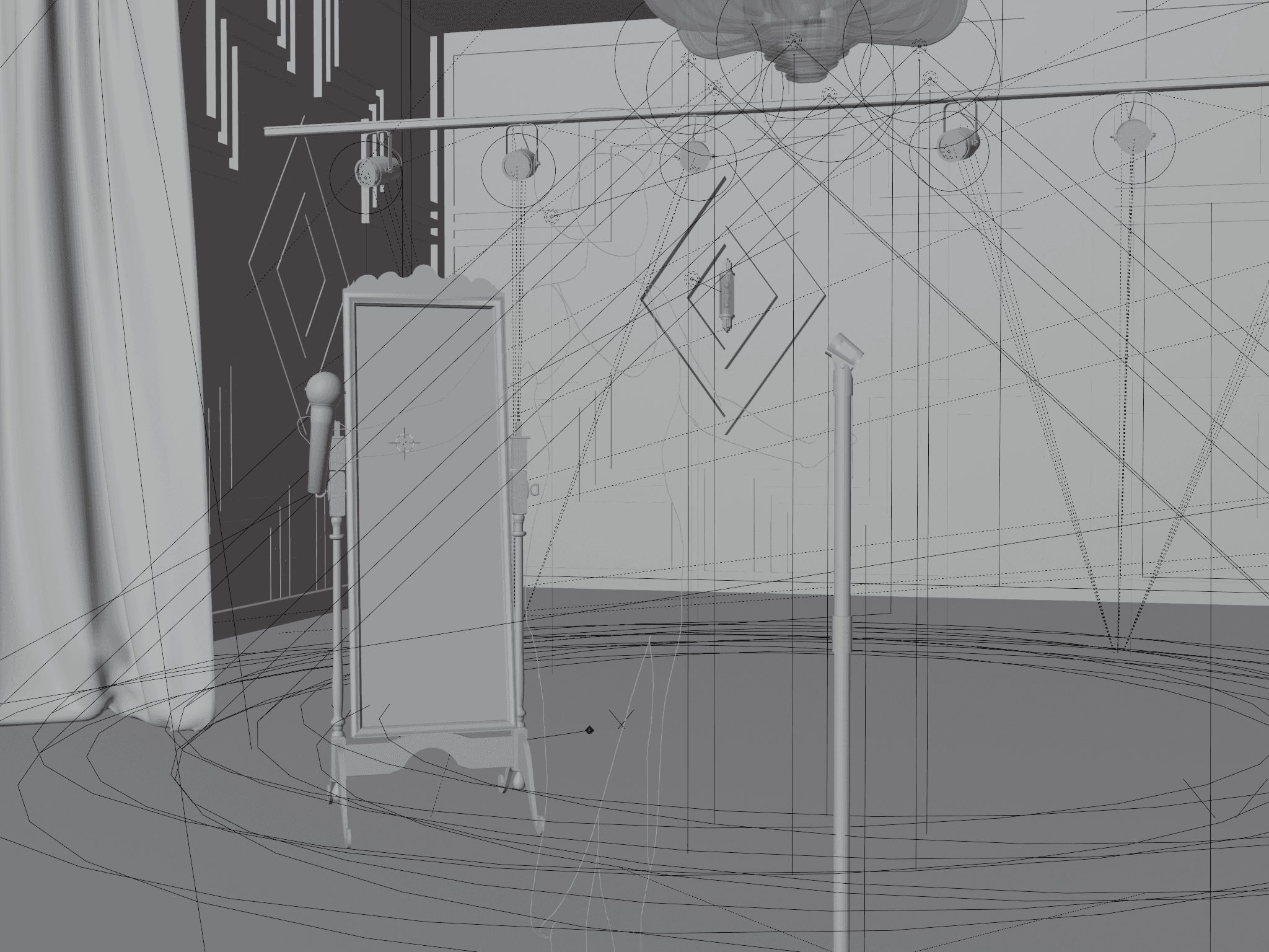 Raw Blender viewport, wireframe construction of the stage